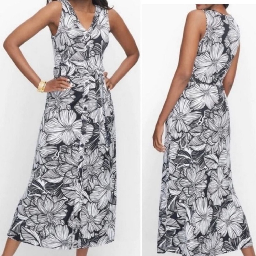 Talbots Black and White Floral Button Down Sleeveless Maxi Dress
